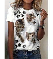 Kadın Kısa Kollu Kedi Ve Pati Baskılı Süprem T-shirt (Beyaz)