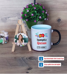 İspanyolca Öğretmeni Kupa Bardak Beyaz ve Fotoğraflı Ahşap Anahtarlık HediyeÖğretmenler Günü Hediyesi (Model 9)
