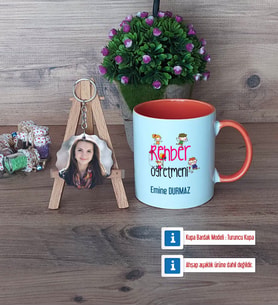 Rehber Öğretmeni Kupa Bardak Beyaz ve Fotoğraflı Ahşap Anahtarlık Hediye (Model 13)