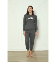 Fwn 4006 İnterlok Kışlık Bulut Desenli Kadın Pijama Takımı (Antrasit)