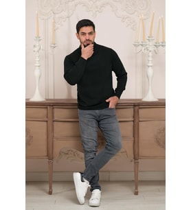 Woolen World Balıkçı Yaka Kalın Yünlü Erkek Triko Kazak (Siyah)