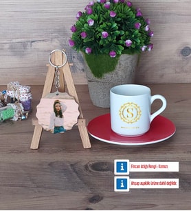 Gold Baş Harf Türk Kahvesi Fincanı Ahşap Altlıklı ve Fotoğraflı Ahşap Anahtarlık Hediye (Model 3)