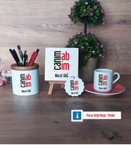 Abiye Hediye Hediye Seti Dekoratif Taş, Kalemlik, Ahşap Altlıklı Türk Kahvesi Fincanı, Ahşap Anahtarlık Hediye (Model 6)