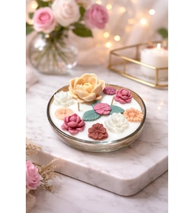 Mumelia Candles Elysium Bahçeleri - Doğal Soya Cam Tabak Tasarım Dekoratif Mum -Toz Pembe