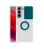 SM Galaxy S21 Plus - S30 Plus Kilif Sürgülü Kamera Lens Korumali Yüzük Standli Silikon Kilif (Yeşil)