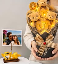 Kişiye Özel Fotoğraflı LED Işıklı Peluş Ayıcık Buketi (Kahve) ve Baykuş Fotoğraf Tutucu