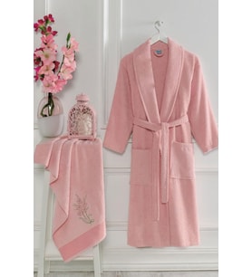 Havlulu Banyo Kadın Bornoz Takımı Şalyaka 100 Pamuklu (Pembe)