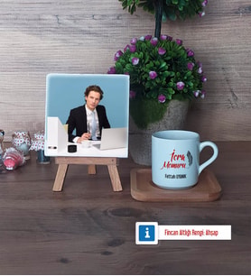 İcra Memuru Fotoğraflı Dekoratif Taş, Ahşap Altlıklı Türk Kahvesi Fincanı Hediye (Model 1)