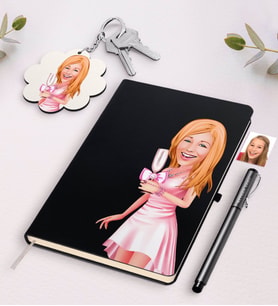 BK Gift Kişiye Özel Bayan Karikatürlü Beyaz Defter Kalem Ve Anahtarlık Hediye Seti-41 (Model 2)