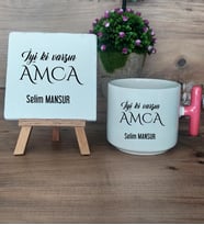 İyi Ki Varsın Amca Hediye Seti Kupa Bardak T Kulplu ve Dekoratif Taş Amcaya Doğum Günü Hediyesi (Model 4)