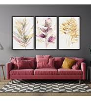 3'lü Metal Çerçeveli Cam Tablo Seti Soft Pastel Lila Çiçekler (Siyah)