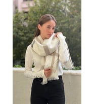 Ekoseli Ince Çizgili Puf Atkı (Ekru)