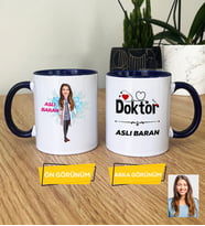 Kişiye Özel Karikatürlü Doktor Hediye Kupa Bardak Kadın Doktora Hediye Tıp Bayramı Hediyesi (Lacivert)