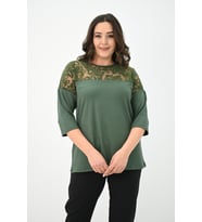 Kadın Büyük Beden Kadife Tül Detaylı Bluz 1856-2 (Haki)