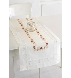 Krem Buldan İpeği Dantelli İşlemeli 50x130 cm Runner (Kahverengi)
