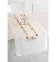 Krem Buldan İpeği Dantelli İşlemeli 50x130 cm Runner (Kahverengi)