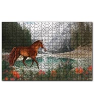 Cakapuzzle Göl Kıyısında Kahverengi At Flu Orman Arkaplan  Puzzle Yapboz MDF (Ahşap) (1000 Parça)