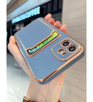 iPhone 11 Kılıf Kamera Korumalı Kartlıklı Altın Kenar Tasarım Silikon (Mavi)