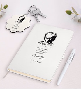 BK Gift Kişiye Özel Atatürk Öğretmen Siyah Defter Kalem Ve Anahtarlık Hediye Seti-2 (Model 2)