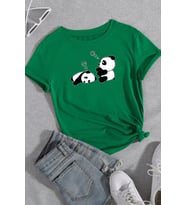Unisex Uykucu Panda Baskılı Tasarım Tshirt (Yeşil)