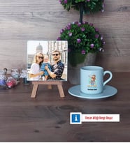 Babalar Günü Hediyesi Fotoğraflı Dekoratif Taş, Ahşap Altlıklı Türk Kahvesi Fincanı Hediye Babaya Hediye (Model 2)