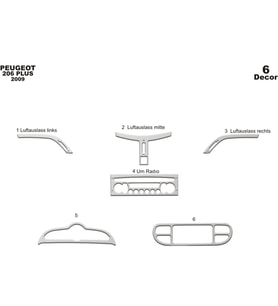 Meriç® Peugeot 206 Plus Ön Torpido Kaplama Maun 6 Parça 2009-› (Alüminyum)