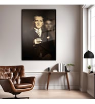 Metal Çerçeveli Temperli Cam Ofis Tablosu Kemal Atatürk (Siyah)