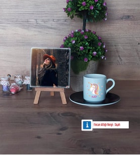 Unicorn Fotoğraflı Dekoratif Taş, Ahşap Altlıklı Türk Kahvesi Fincanı Hediye (Model 7)