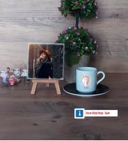 Unicorn Fotoğraflı Dekoratif Taş, Ahşap Altlıklı Türk Kahvesi Fincanı Hediye (Model 7)