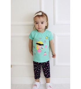 Kız Bebek Kaprili Kısa Kollu Kız Desen Baskılı Yazlık Basic Alt-Üst Takım 6-24 ay (Yeşil)