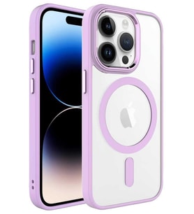 Apple iPhone 14 Pro Max Kılıf Renkli Kenar Şeffaf Kamera Çevresi Metal Magsafe TPU Silikon (Pembe)
