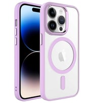 Apple iPhone 14 Pro Max Kılıf Renkli Kenar Şeffaf Kamera Çevresi Metal Magsafe TPU Silikon (Pembe)