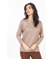 Yeni Model Taş İşlemeli Yuvarlak Yaka Likralı Anne Penye Bluz 6420 (Vizon)