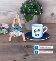 Gelin Türk Kahvesi Fincanı Ahşap Altlıklı ve Fotoğraflı Ahşap Anahtarlık Hediye (Model 4)