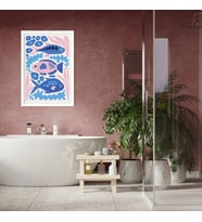Tekli Ahşap Lamine Çerçeveli Mdf Banyo Tablosu Mavi Balıklar (Beyaz)