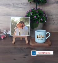Babaya Doğum Günü Hediyesi Fotoğraflı Dekoratif Taş, Ahşap Altlıklı Türk Kahvesi Fincanı Hediye Babalar Günü Hediyesi (Model 1)