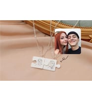 Kişiye Özel 925 Ayar Gümüş Çift Fotoğraf İsim Puzzle Kolye (Gümüş)