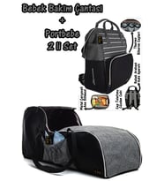Portbebe Ana Kucağı Puset Bebek Taşıma + Anne Bebek Bakım Çantası 2 li Set (Beyaz-Gri)