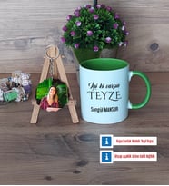 Teyzeye Doğum Günü Hediyesi Kupa Bardak Beyaz ve Fotoğraflı Ahşap Anahtarlık Hediye (Model 14)