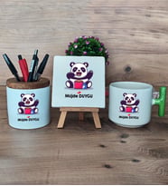 Sevimli Panda Hediye Sepeti Kupa Bardak T Kulplu, Kalemlik ve Dekoratif Taş Arkadaşa Sevgiliye Hediye (Model 8)