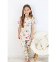 Kız Çocuk Pamuklu Penye Kumaş Baskılı Pijama Takımı (Ekru)
