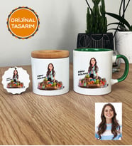 Kişiye Özel Karikatürlü Diyetisyen Hediye Seti Kupa Bardak, Kalemlik, Anahtarlık Kadın Diyetisyene Hediye Diyetisyenler Günü Hediyesi (Yeşil)