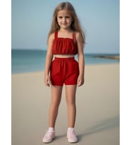 Kız Bebek Düz Renk Crop Şort Set (Kiremit)