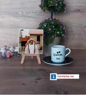 Groom Fotoğraflı Dekoratif Taş, Ahşap Altlıklı Türk Kahvesi Fincanı Hediye (Model 7)