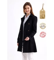 Pastelastore Esnek Pamuk Gabardin Kısa (80cm) Omuz Apoletli Kemerli Kadın Trençkot 1120 (Siyah)