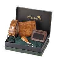 Polo Air Kutulu Erkek Kemer Cüzdan Kartlık Anahtarlık Seti SETE-3008-H (Taba)