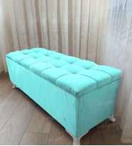 Çizgi Kapitoneli Sandıklı Puf 100 cm Beyaz Ayak (Turkuaz)