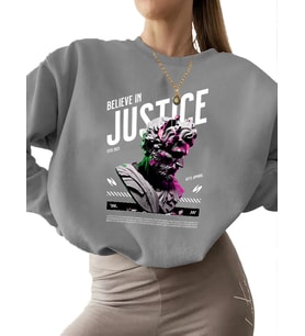 3 iplik şardonlu erkek kadın Bej Sweatshirt kalın Adalete i·nan tişörtü Baskılı bisiklet yaka (Gri)