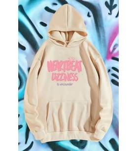 HeartBeat Baskılı Unisex Oversize Sweatshirt (Bej)