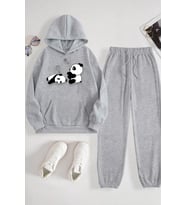 Unisex Uykucu Panda Baskılı Rahat Eşofman Takımı (Gri)